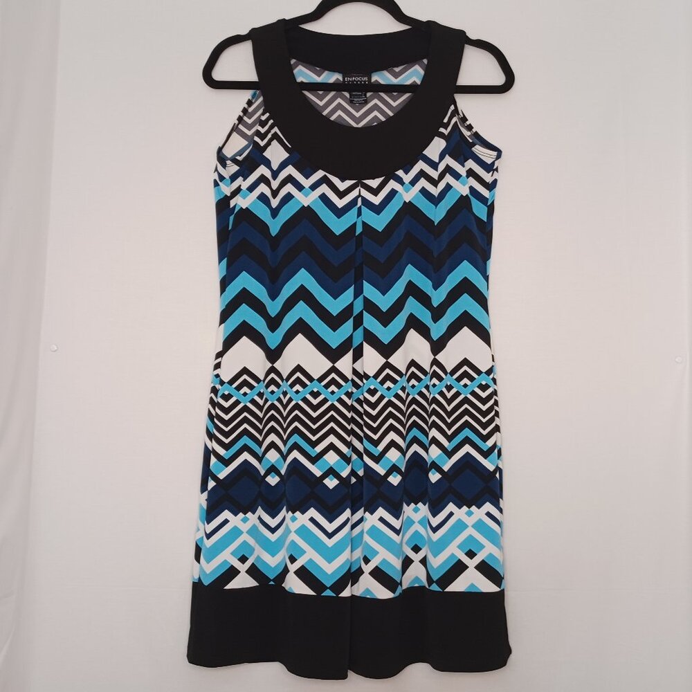 Women's‎ Enfocus Blue/Black/White Chevron Design Midi Dress Size 8 Petite